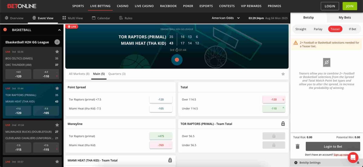 Live basketball betting screen on BetOnline, showing point spread and moneyline options—ideal for users interested in BetOnline EcoPayz deposit Malaysia features.