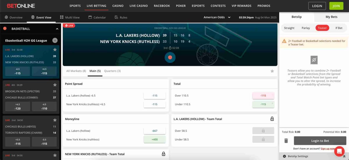 Live basketball betting screen on BetOnline featuring point spreads and totals, relevant for BetOnline Paytm deposit India users seeking esports options.