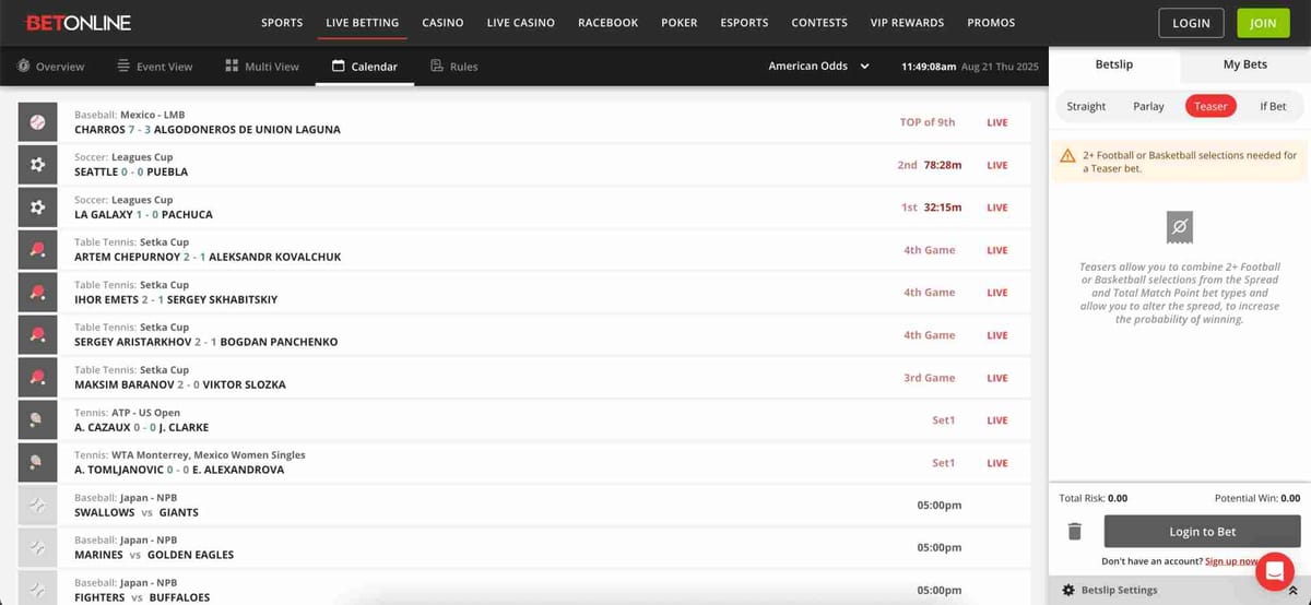 BetOnline live betting calendar showing ongoing baseball, soccer, tennis, and table tennis matches with scores and times – BetOnline deposit options South Africa
