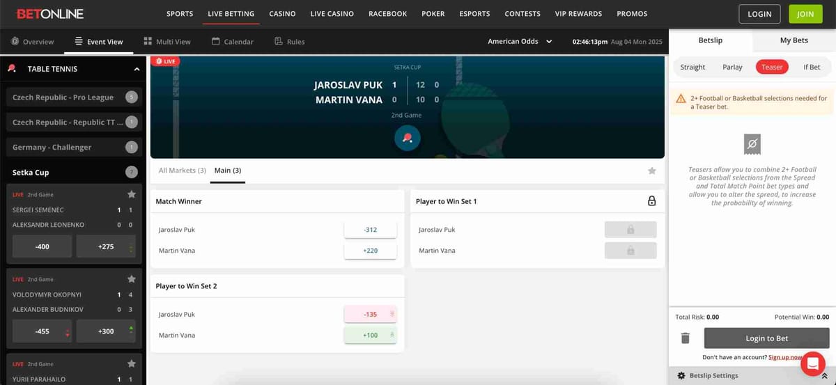 Live betting screen on BetOnline showing Setka Cup table tennis match—useful for understanding gameplay before learning how to withdraw from BetOnline in Vietnamt.