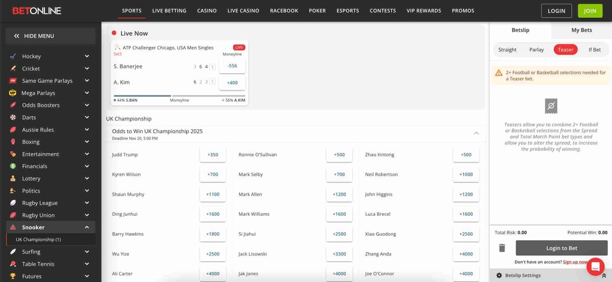Live betting screen on BetOnline showing tennis match and betting odds, helpful when learning how to convert bonus into cash on BetOnline