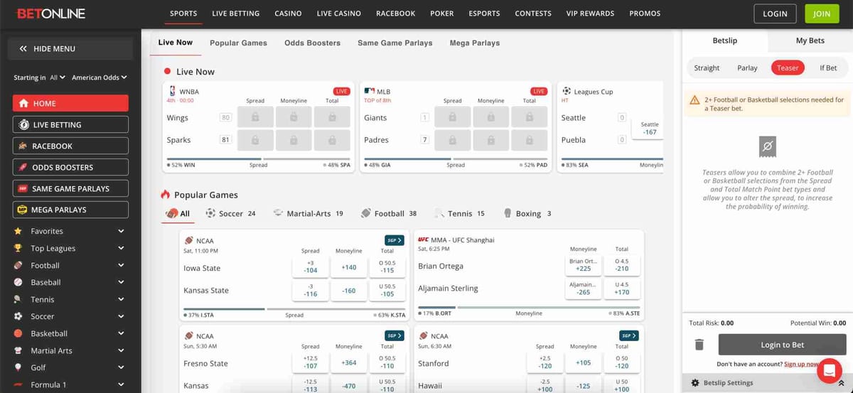 BetOnline sportsbook homepage showing live games and betting options with BetOnline how to use free bet tutorial example