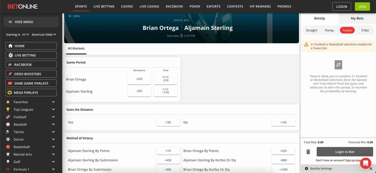 BetOnline odds for Brian Ortega vs Aljamain Sterling UFC fight with BetOnline Nubank deposit Brazil option for bettors