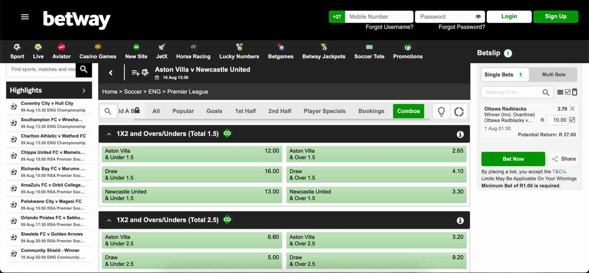 Betway football betting odds for Aston Villa vs Newcastle United match, showing various over and under markets