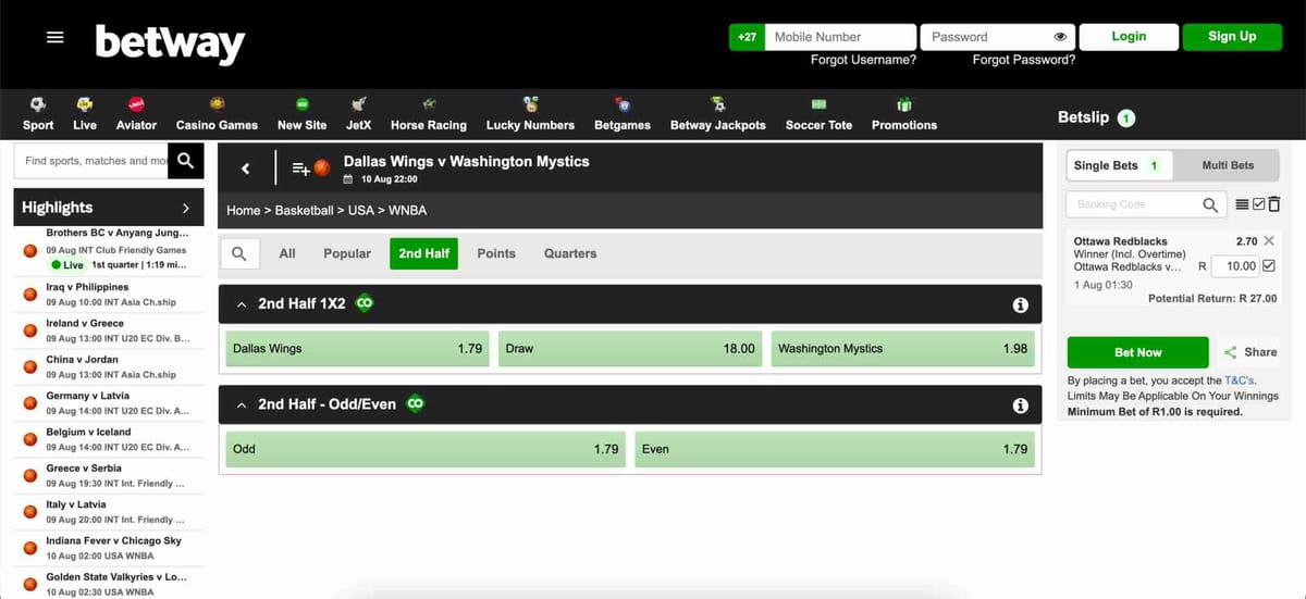 Betway basketball betting odds for Dallas Wings vs Washington Mystics, showing 2nd half markets and bet slip, relevant to the question is Betway legal in Tennessee.