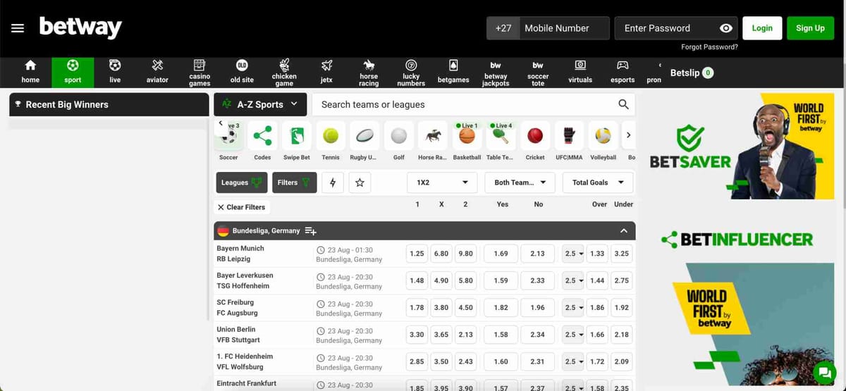 Betway sportsbook interface showing Bundesliga match odds and markets, useful for players checking Betway Skrill withdrawal time before betting.