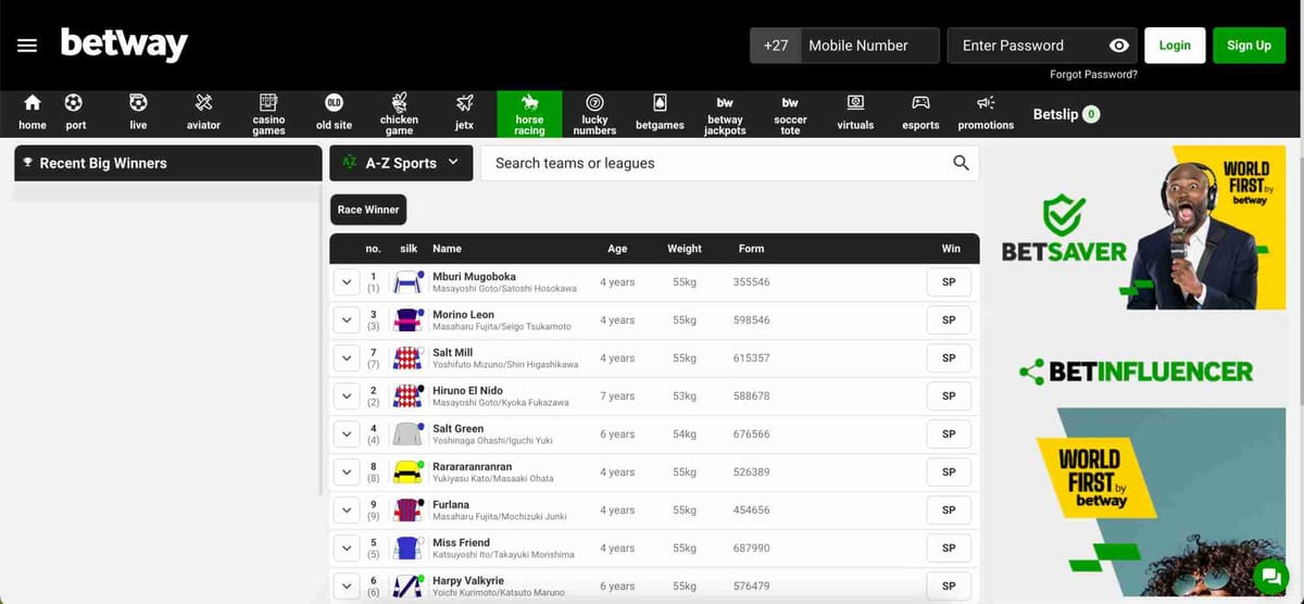 Betway horse racing page showing race winner odds and form, relevant to Betway Interac deposit problem discussions