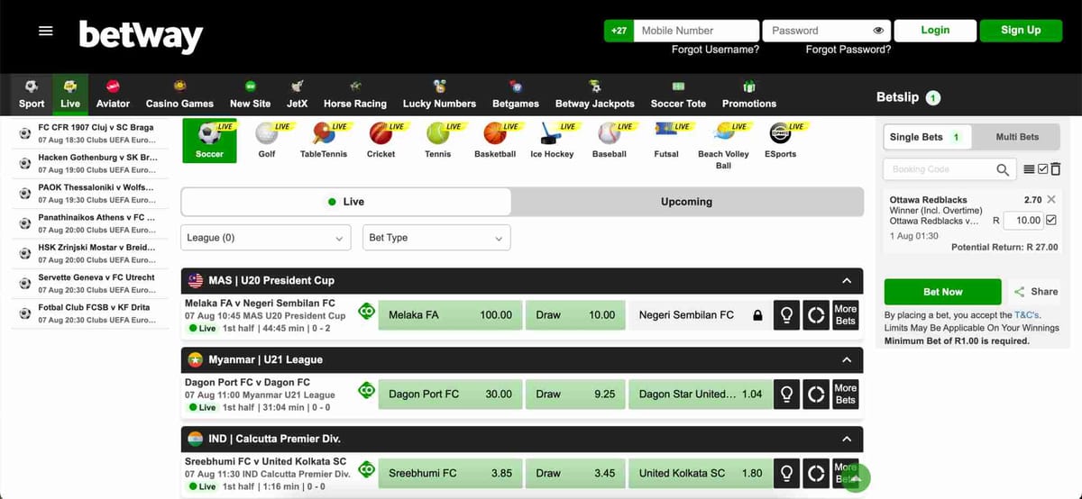 Live football betting interface on Betway showing active matches and odds — relevant for users asking is Betway available in Kenya.