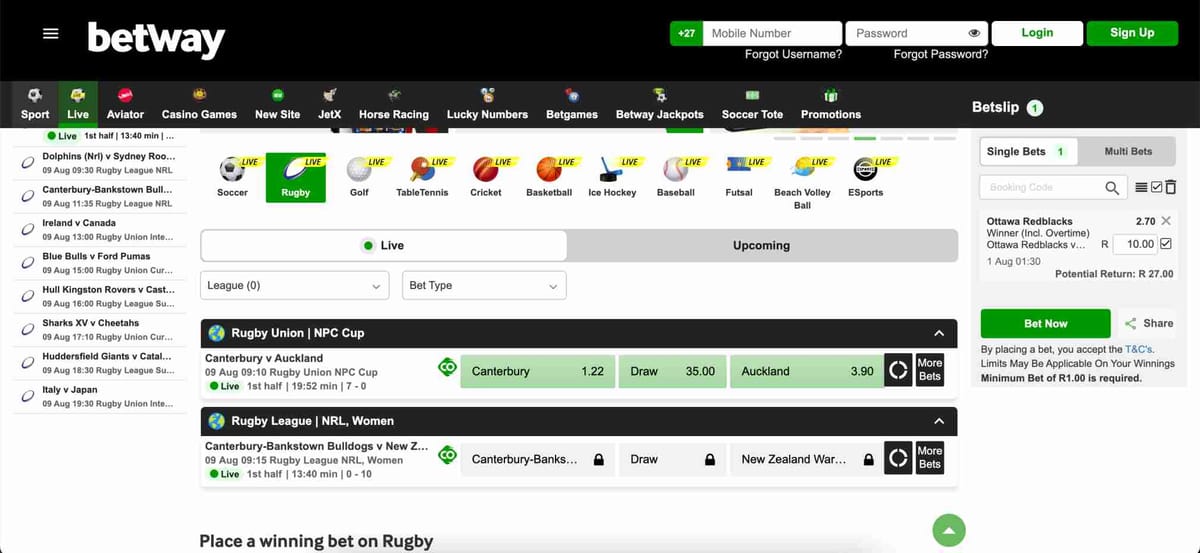 Betway rugby betting odds and fixtures page showing live match updates, login fields, and a message relevant to "Betway your details weren't recognised".