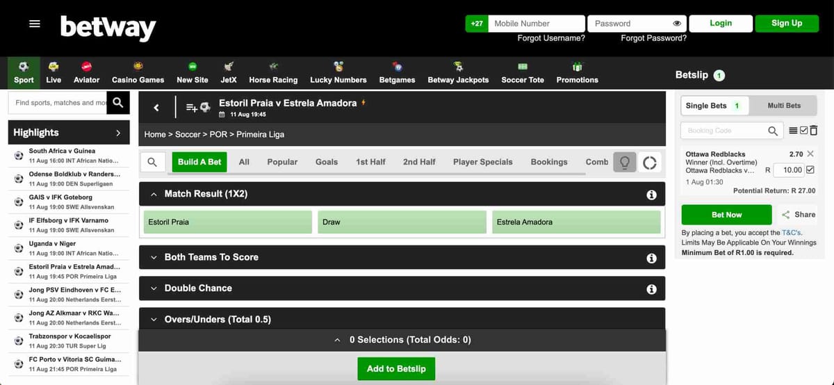 Betway soccer betting page showing Estoril Praia vs Estrela Amadora match odds – is Betway available in Botswana