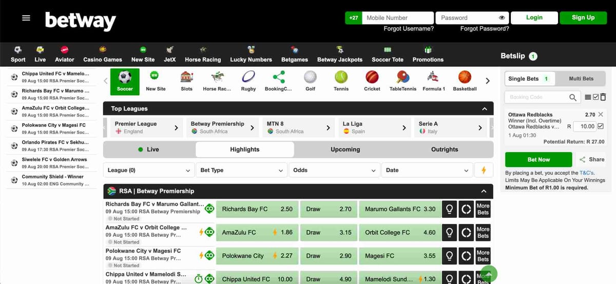Betway sports betting interface showing upcoming soccer matches and odds, relevant to Betway withdrawal time Australia.
