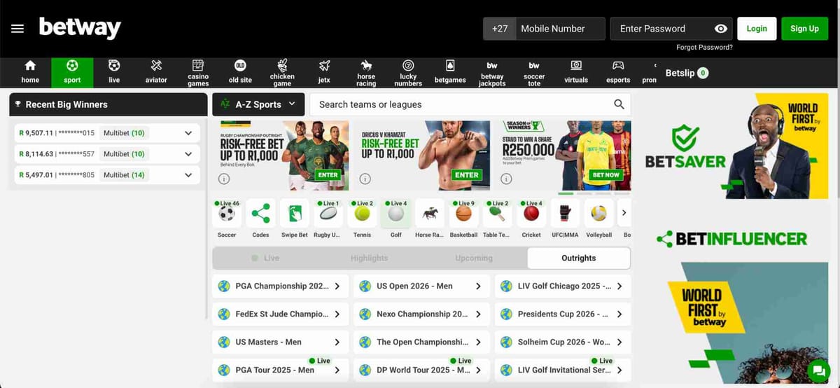 Betway sports betting homepage with recent big winners and promotions, relevant for Betway Paytm deposit India users