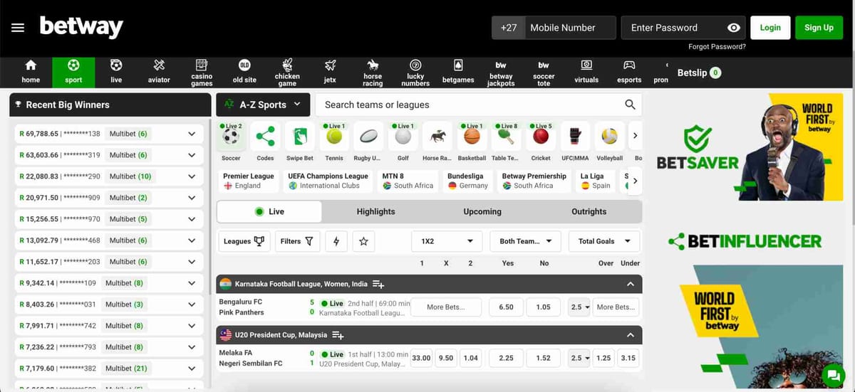 Betway sports betting homepage showing live matches, recent big winners, and navigation options — useful context for users wondering how long it takes for Betway to verify your account.