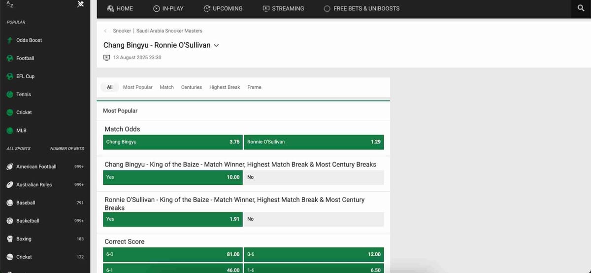 Betting odds for Chang Bingyu vs Ronnie O’Sullivan at the Saudi Arabia Snooker Masters on Unibet, useful for players checking when do Unibet bonus bets expire.