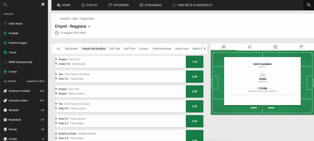 Betting odds and match details for Empoli vs Reggiana in the Coppa Italia on Unibet, useful for understanding Unibet wire transfer withdrawal time Canada.