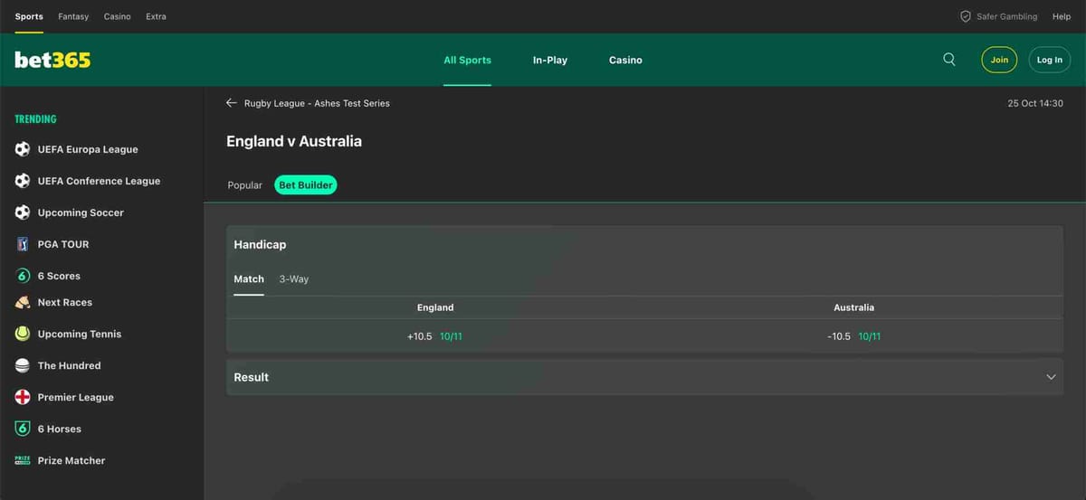 Bet365 handicap odds for England v Australia in the Rugby League Ashes Test Series, England +10.5 and Australia -10.5.