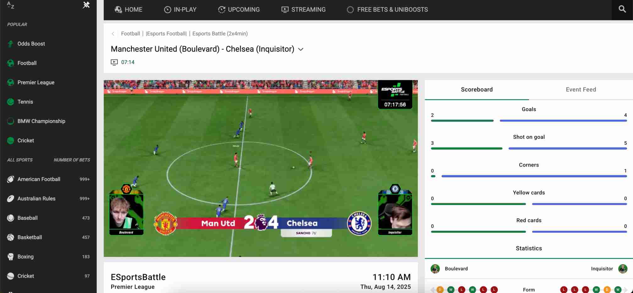 Esports football match between Manchester United and Chelsea on Unibet, showing live score and match statistics.