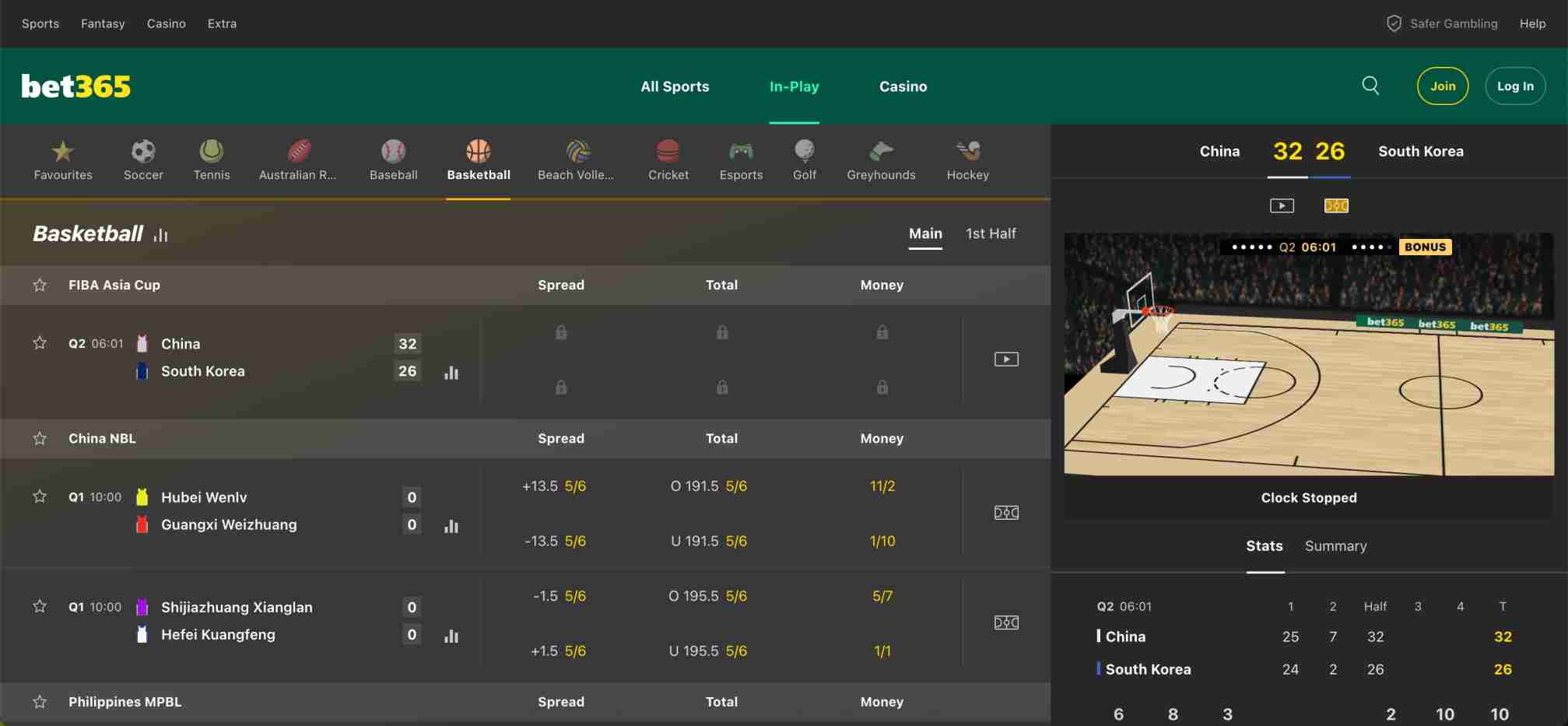 Live basketball betting screen on Bet365 showing China leading South Korea in the FIBA Asia Cup