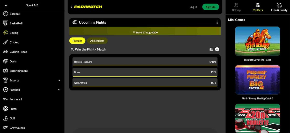 Screenshot of Parimatch showing boxing match odds for Hayato Tsutsumi vs Qais Ashfaq, relevant to the topic “Where does Parimatch get their stats from.”