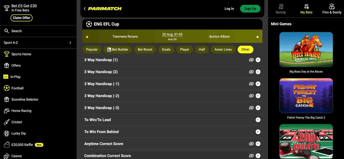 Parimatch how to use free bet on Tranmere Rovers vs Burton Albion EFL Cup match