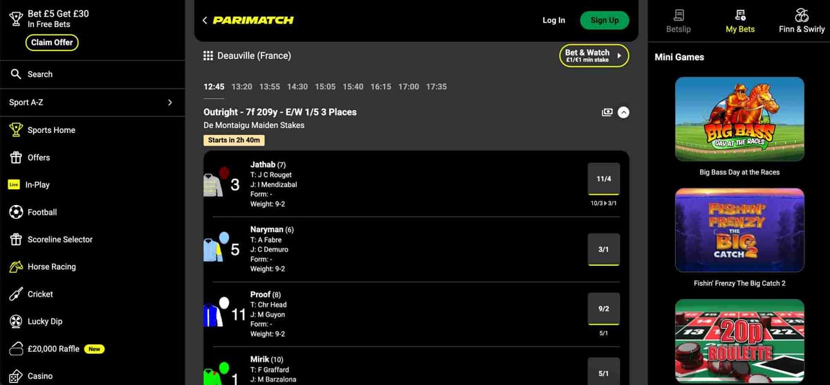 Parimatch horse racing betting odds screen showing Deauville race selections and prices.