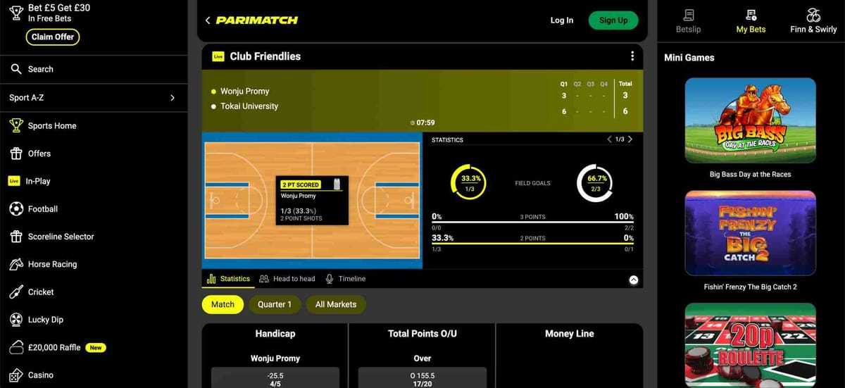 Live basketball betting on Parimatch showing match statistics and betting options – how to cancel a bet on Parimatch explained.