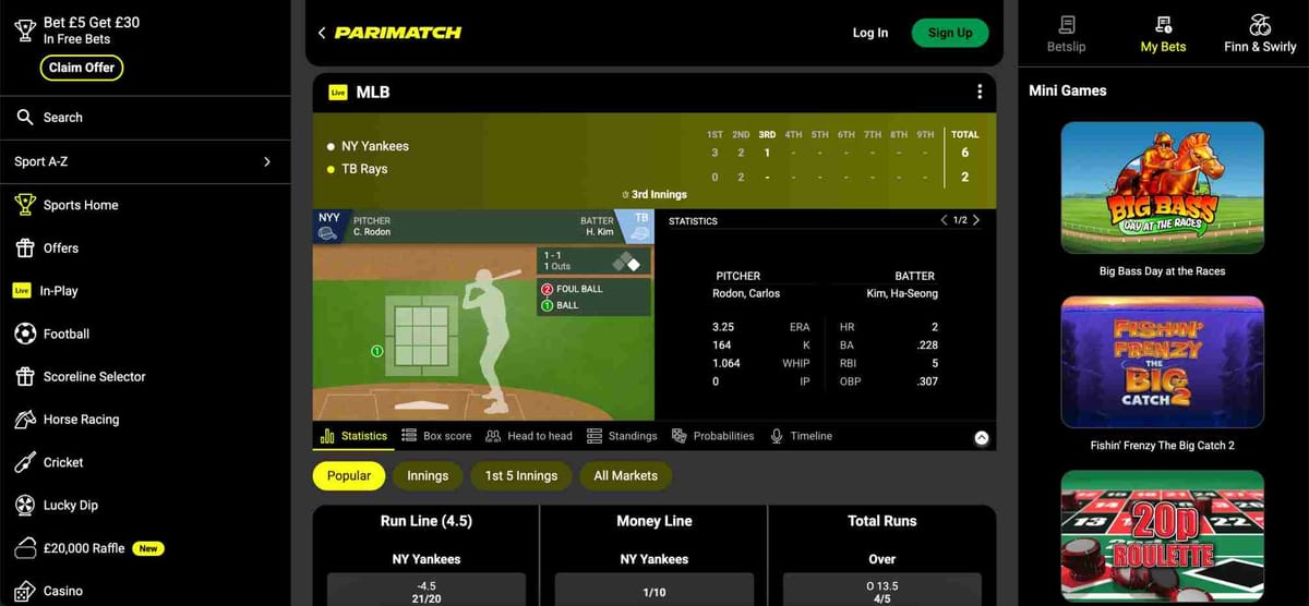 Live MLB betting screen on Parimatch showing NY Yankees vs TB Rays with in-play statistics, an example related to what happens if a game is suspended on Parimatch.