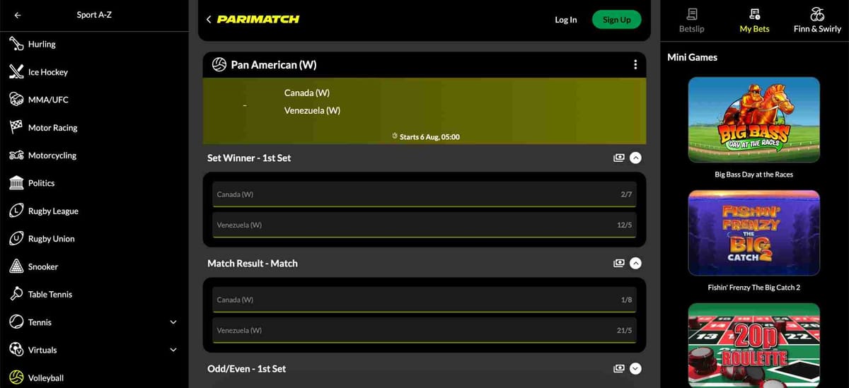 Screenshot of Parimatch showing Canada vs Venezuela volleyball odds in the Pan American tournament, relevant for users asking why is my Parimatch payment reversed during live bets.