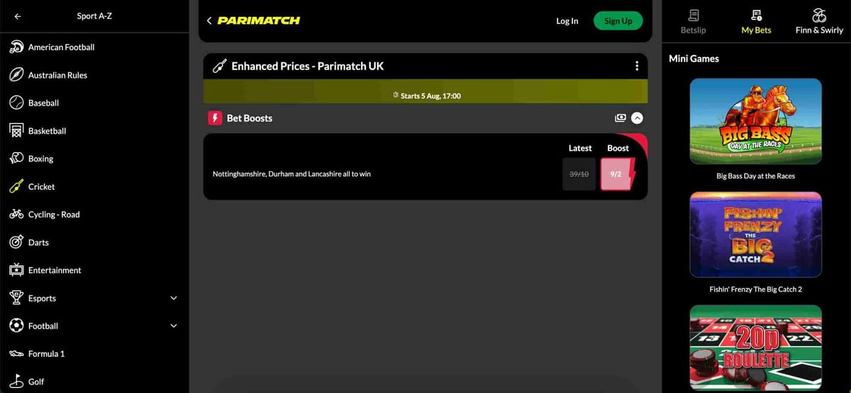 Screenshot of Parimatch UK's bet boost section showing enhanced odds for cricket matches, relevant to exploring if Parimatch is legal in Canada for international students.