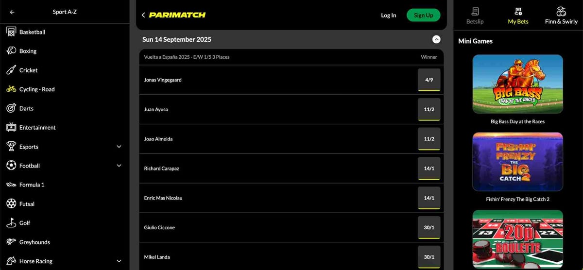 Betting odds for Vuelta a España 2025 on Parimatch showing top cycling contenders; relevant to users wondering “can I use Parimatch with fake name.”