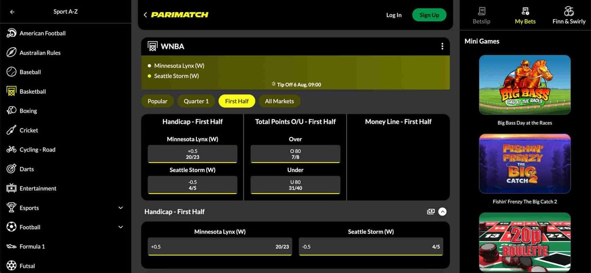 Screenshot of WNBA betting odds on Parimatch, showing first-half markets for Minnesota Lynx vs Seattle Storm — part of the discussion on will Parimatch come back to Ghana.