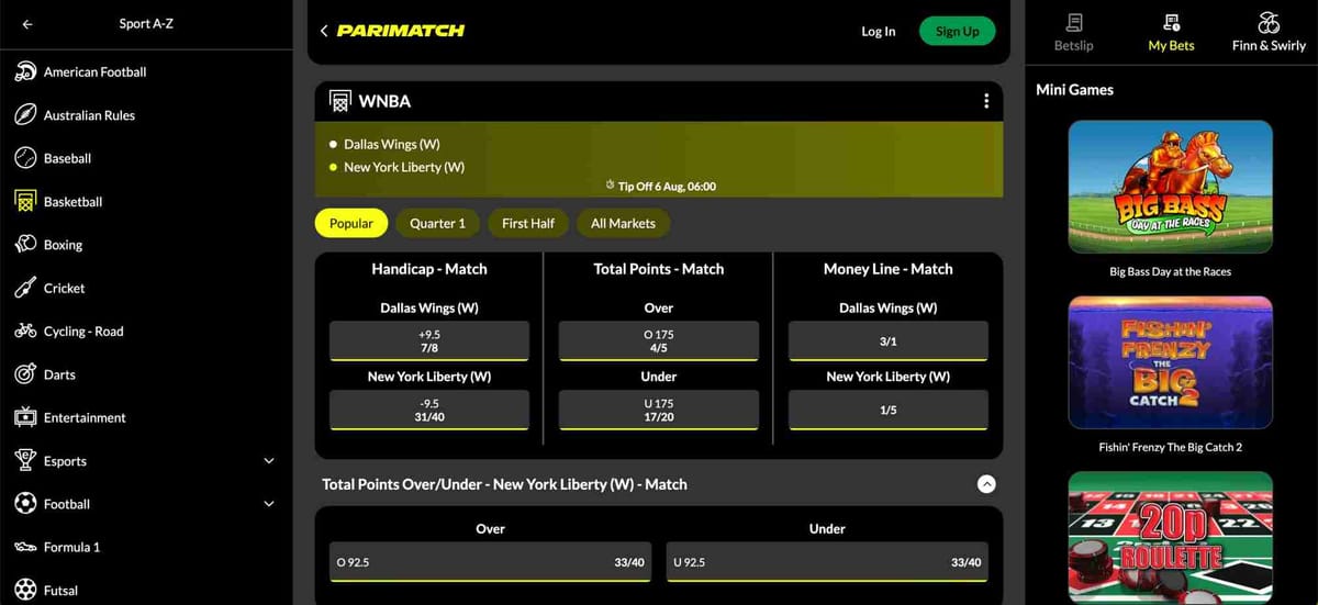 Parimatch WNBA betting odds for Dallas Wings vs New York Liberty, showcasing markets useful for analyzing if Parimatch allows arbitrage betting.