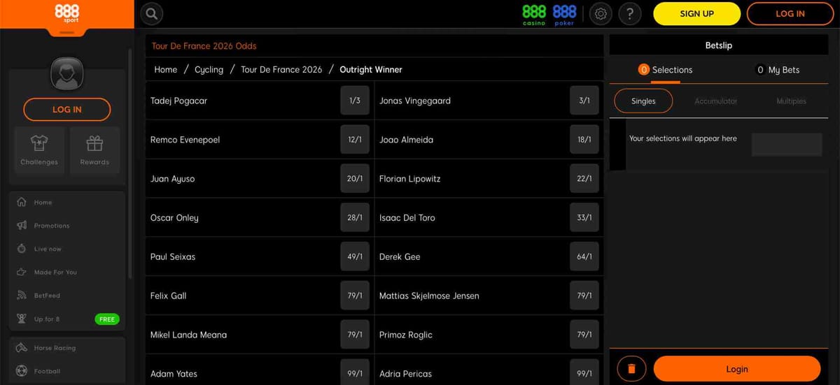 Tour de France 2026 outright winner betting odds on 888sport showing cyclists and their odds