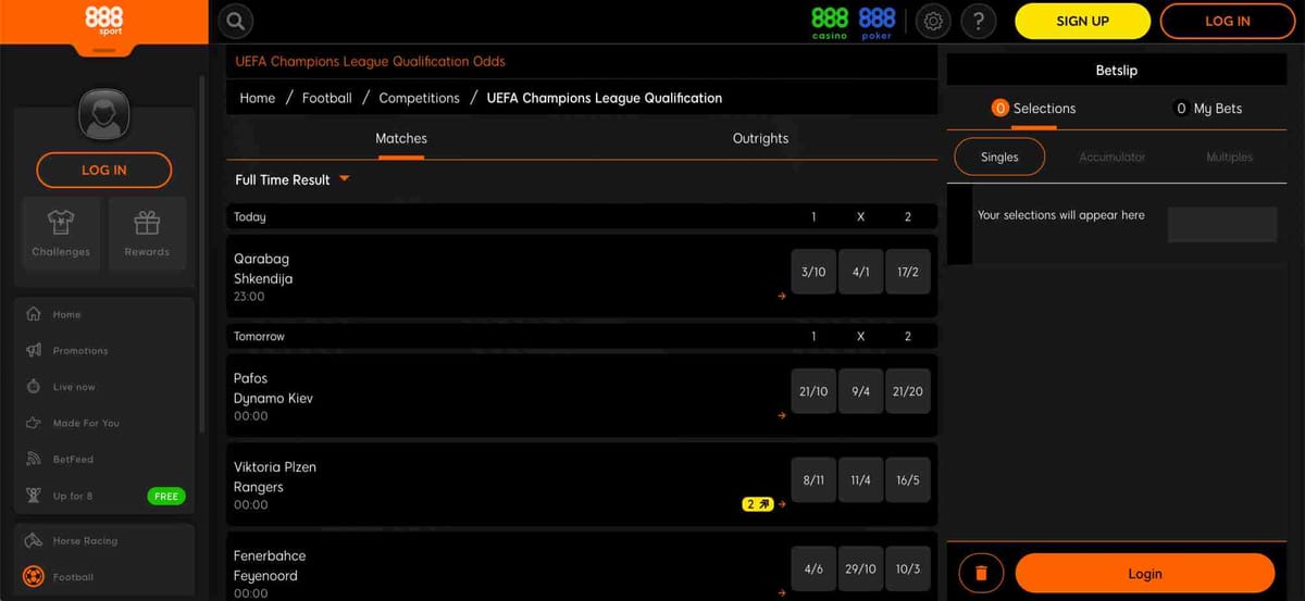 UEFA Champions League Qualification betting odds on 888sport with teams, match times, and full-time result options — what happens if football match goes to penalties 888sport