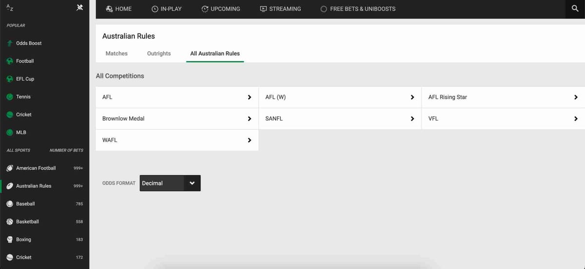Unibet Australian Rules betting page showing available competitions and odds format selection