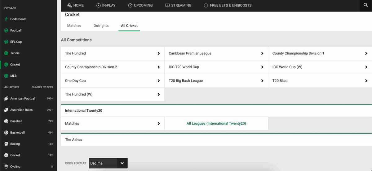 Unibet cricket betting interface showing all cricket competitions and match categories
