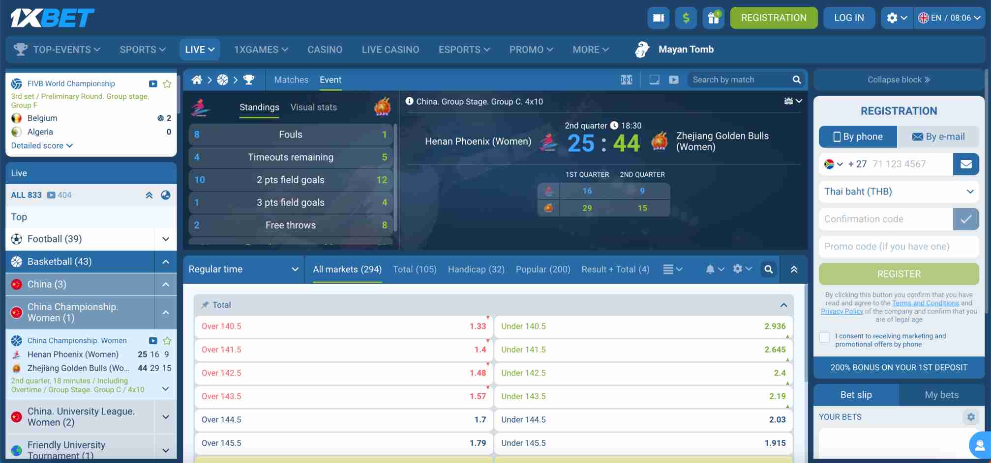 Live basketball betting interface on 1xBet showing Henan Phoenix vs Zhejiang Golden Bulls with odds and game stats relevant to 1xBet wire transfer withdrawal time Canada.