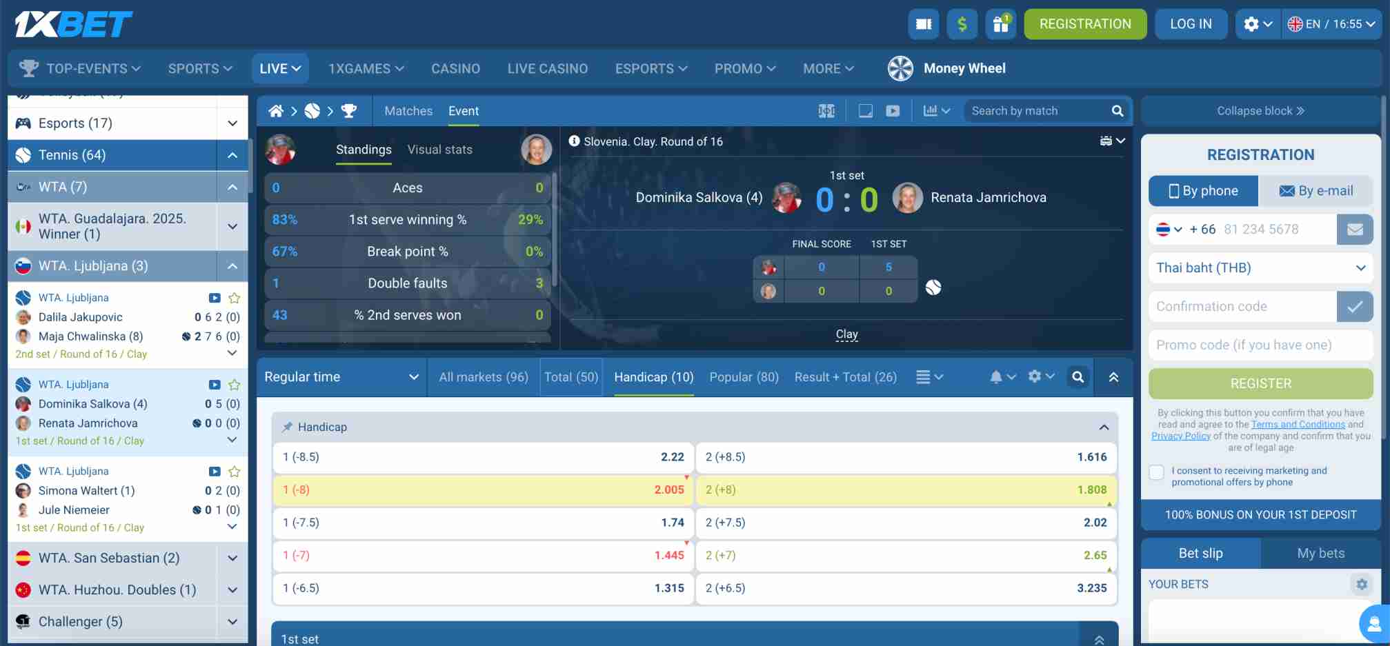 1xBet live tennis betting interface showing match stats and odds – related to Apple Pay withdrawal declined issue