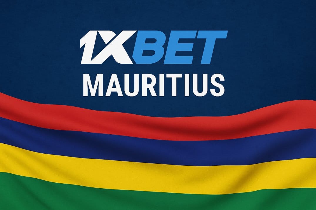 1xBet Mauritius logo with Mauritian flag colors in the background