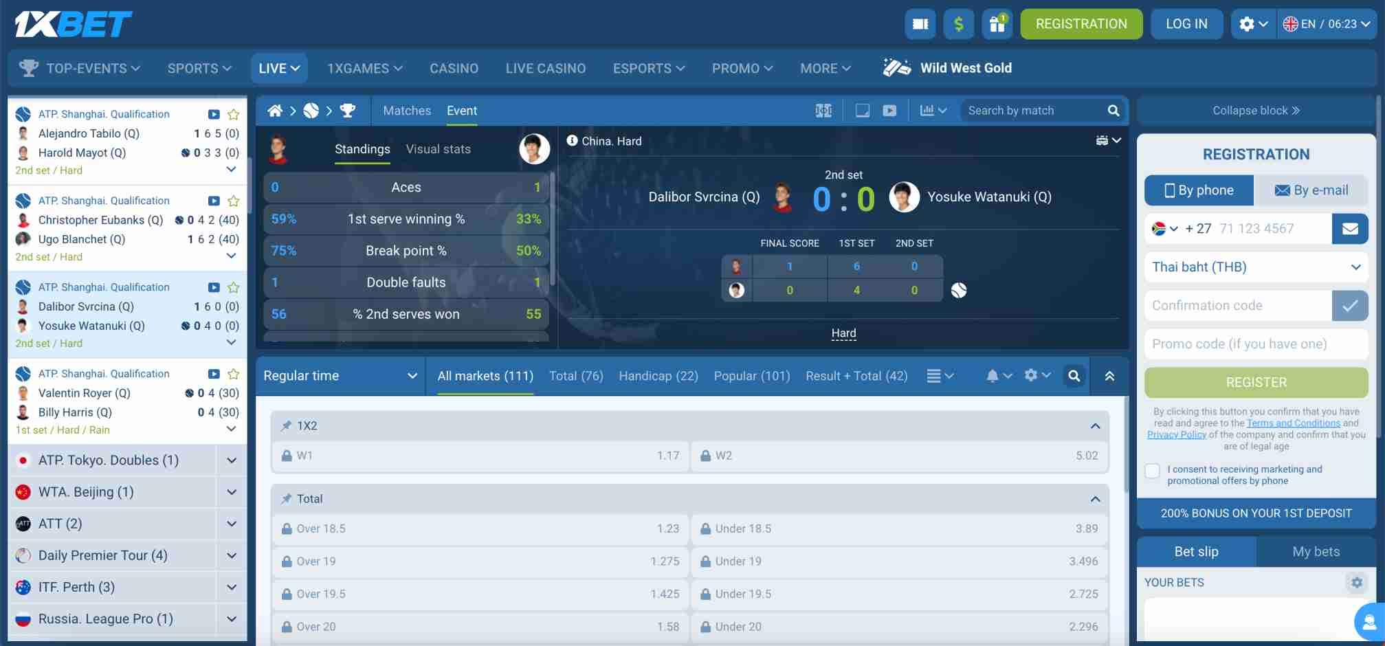 Live tennis match odds and statistics on 1xBet platform, showing betting markets and interface for users in Vietnam learning how to withdraw from 1xBet.