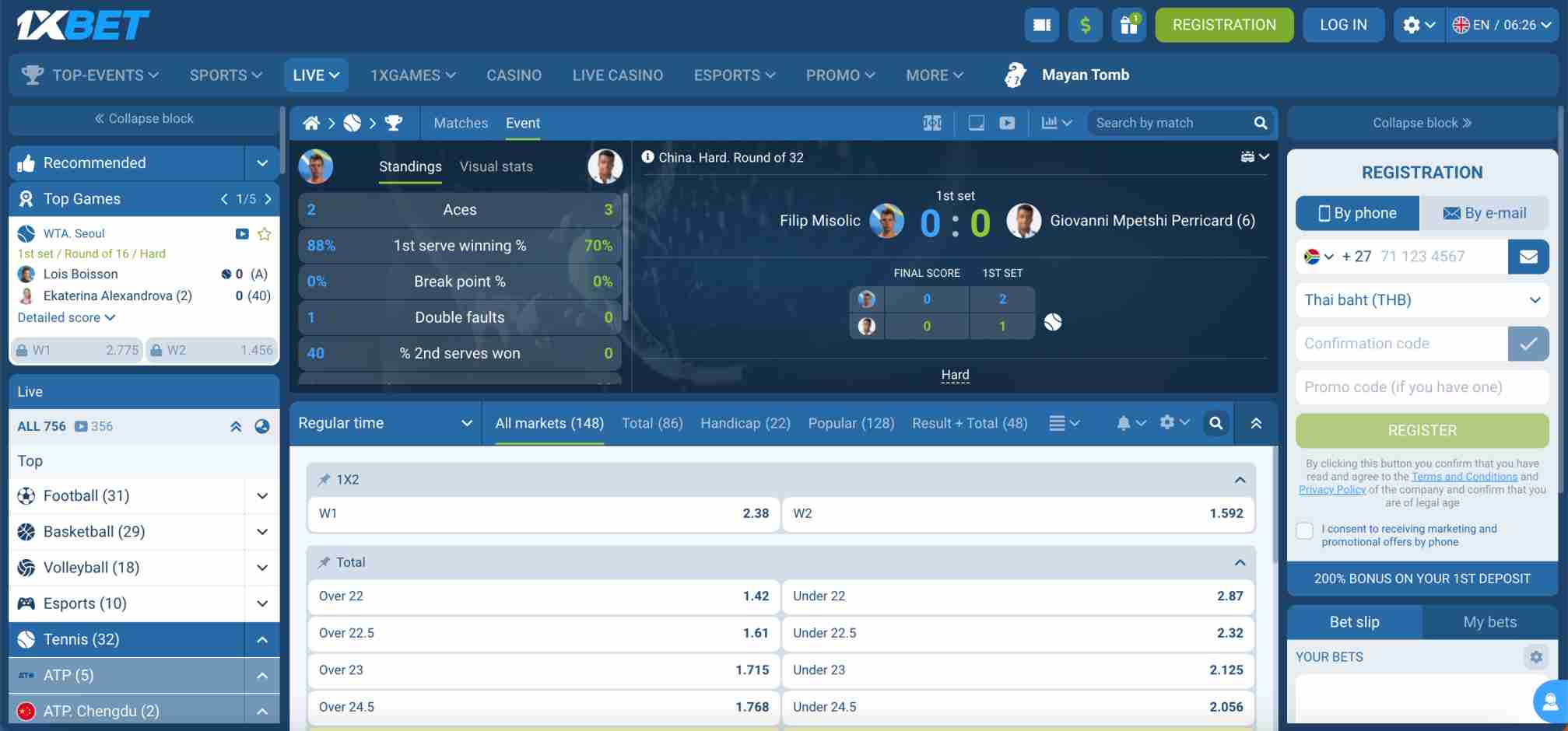 Live tennis match betting interface on 1xBet platform showing Filip Misolic vs Giovanni Mpetshi Perricard, with stats and odds — useful for NZ users wondering how long 1xBet withdrawal takes.