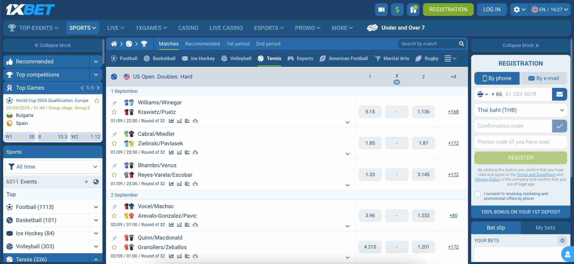 1xBet US Open doubles betting odds screen, showing matches and options for users with a 1xBet PIX deposit Brazil.