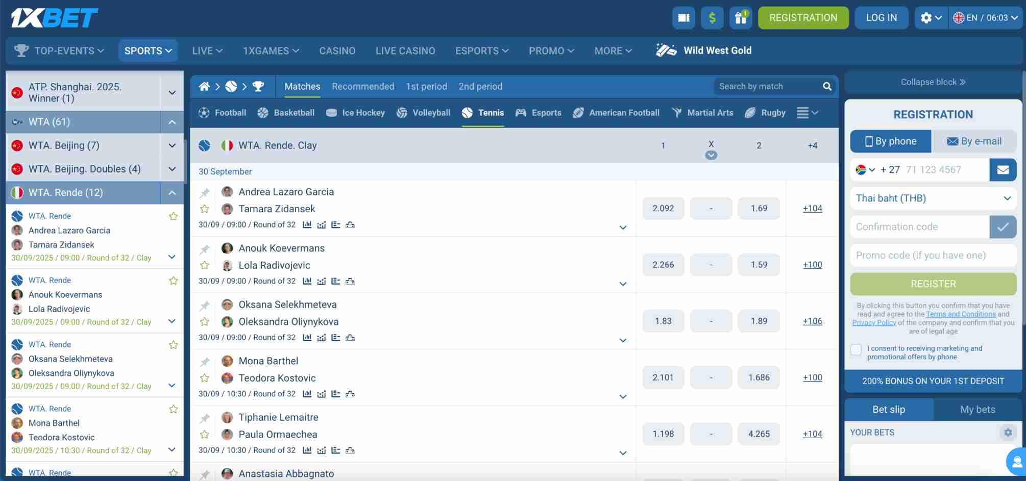 Betting odds for WTA Rende matches on 1xBet, showing players and markets with options if a bet is void on 1xBet.
