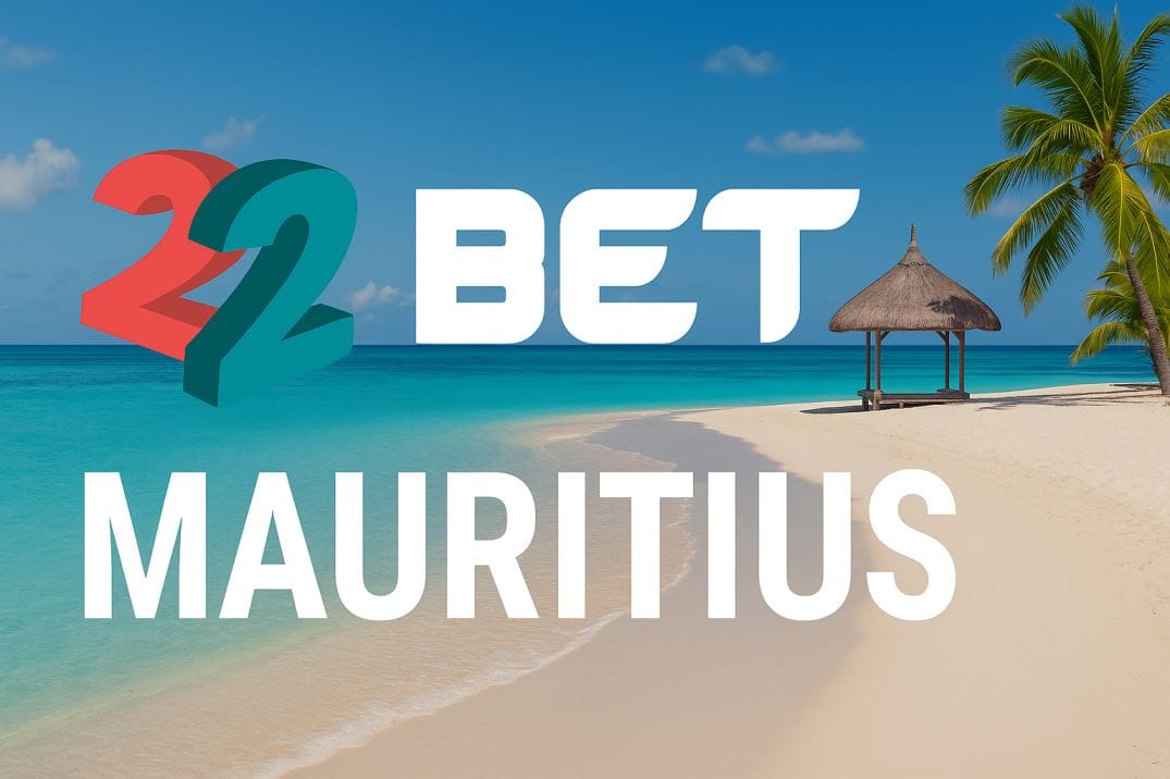 22Bet Mauritius logo on a tropical beach background with palm trees and clear blue sea