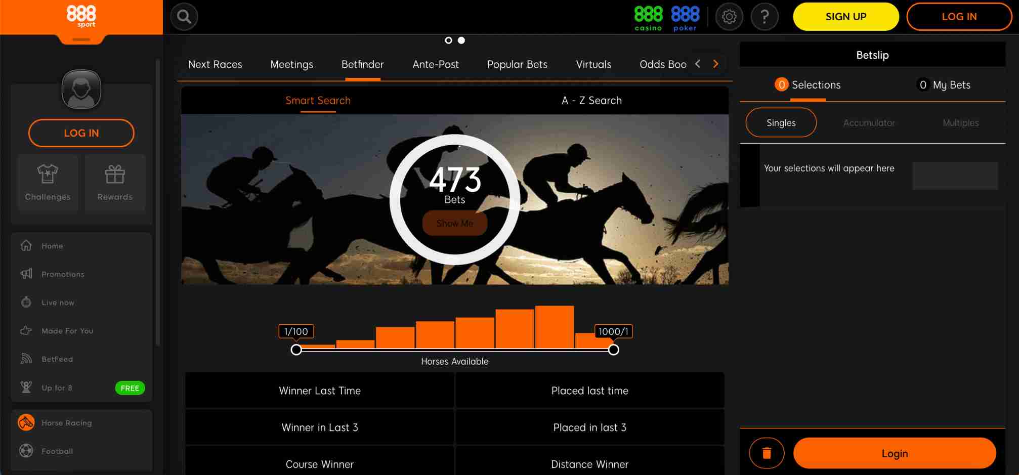 888sport Betfinder tool displaying horse racing odds and smart search filter options