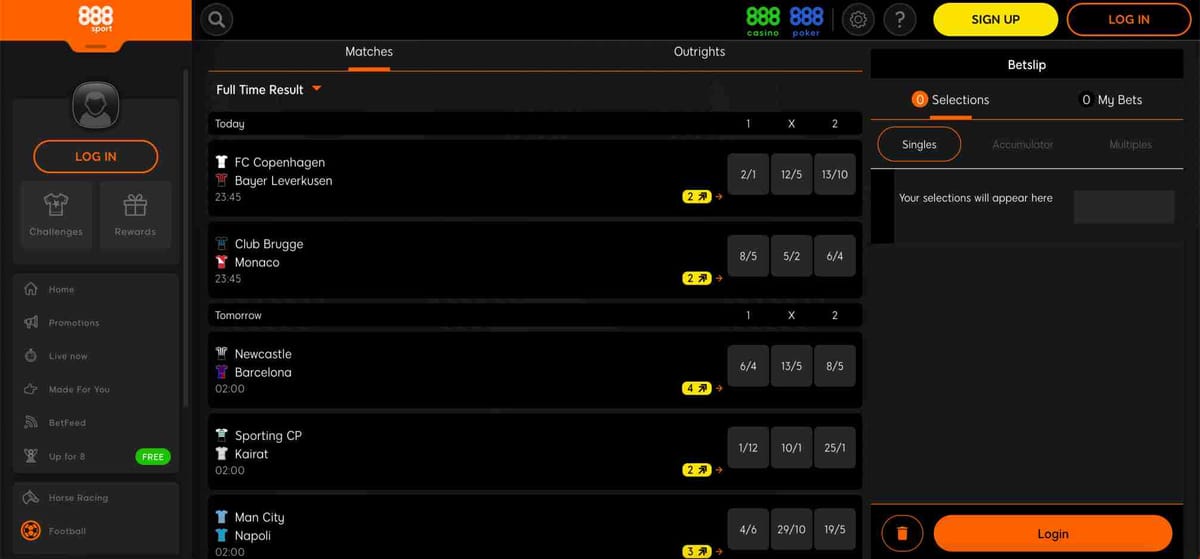 888sport football match betting interface showing odds for teams like FC Copenhagen and Bayer Leverkusen, helpful for users asking does 888sport accept Chime.