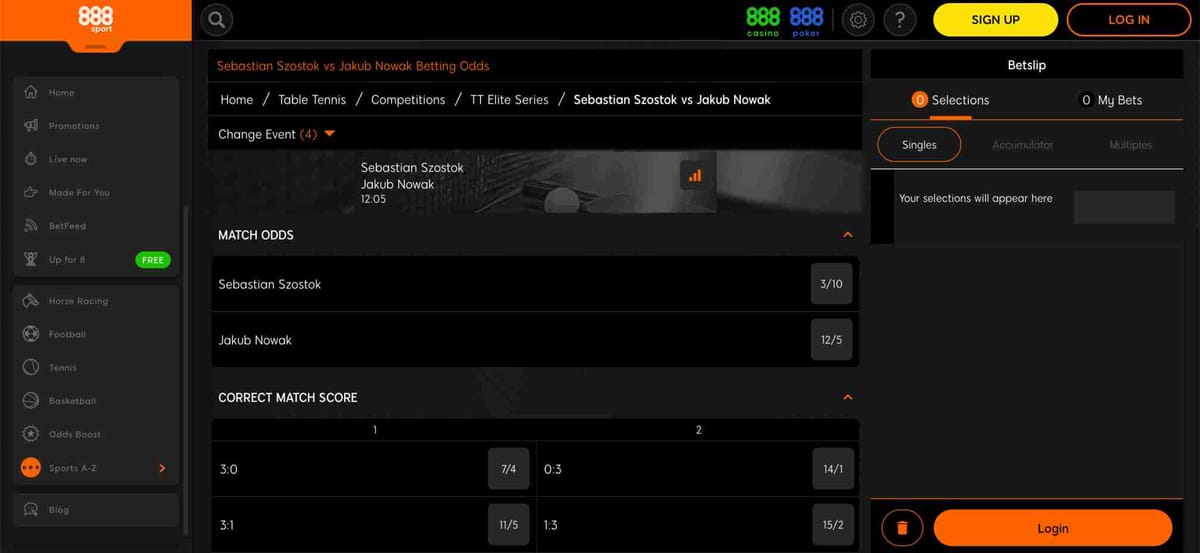 888sport how to use free bet example showing Sebastian Szostok vs Jakub Nowak table tennis betting odds