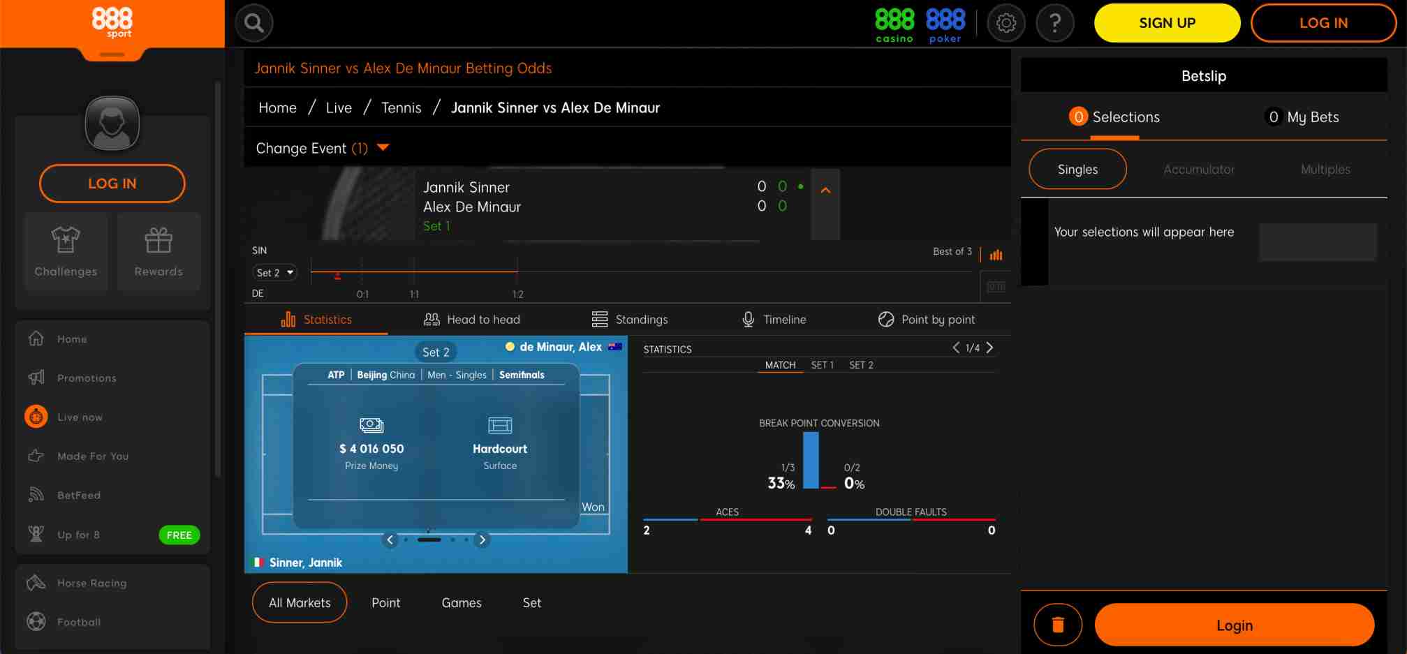 888sport live tennis betting odds for Jannik Sinner vs Alex De Minaur showing in-play statistics