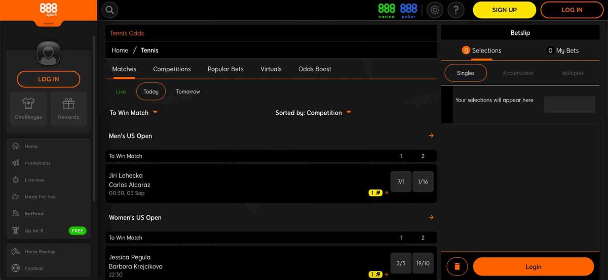 888sport tennis odds page showing US Open match betting options with odds for Carlos Alcaraz and Jessica Pegula – helpful for users researching 888sport withdrawal time Australia.