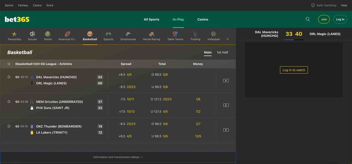 Bet365 basketball live betting odds showing Dallas Mavericks vs Orlando Magic, useful for players learning how to withdraw from Bet365 in Vietnam.